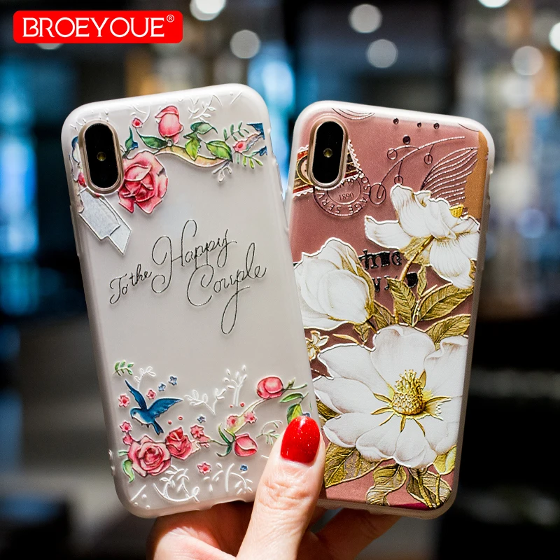 Broeyoue чехол на айфон 7 8 Plus X 3D мягкий рельеф ТПУ цветочный силиконовый 6 6s плюс 5 5S SE