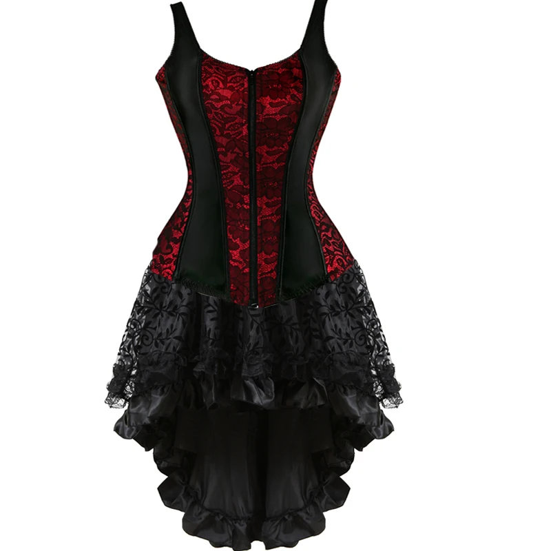 

women's overbust gothic corset dress sexy zipper straps bustle corset with skirt victorian jacquard plus size exotic vintage