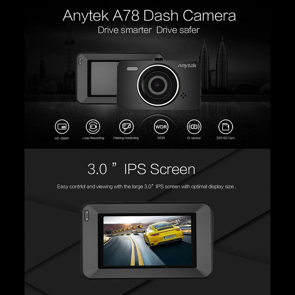 Автомобильный видеорегистратор full HD 1080 P оригинал Anytek A78 150 градусов 6G объектив