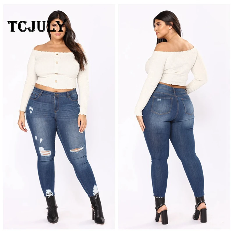TCJULY/Новое поступление большие размеры 6XL 7XL рваные джинсы женские обтягивающие