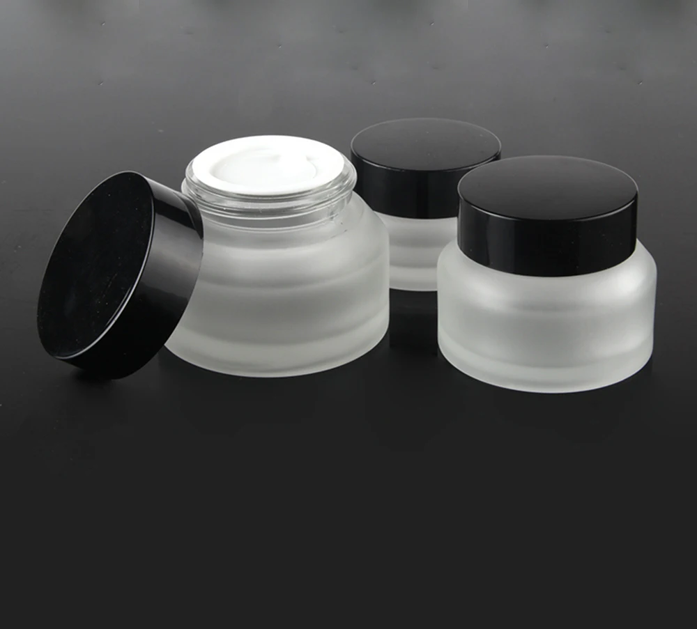 

Стеклянный пустой прозрачный матовый контейнер для крема для тела с черной крышкой, баночка для крема 50 мл
