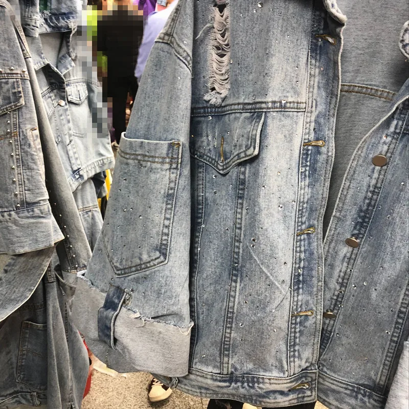 Горячая бурение большая труба рукава потертая дырка Потертая джинсовая куртка