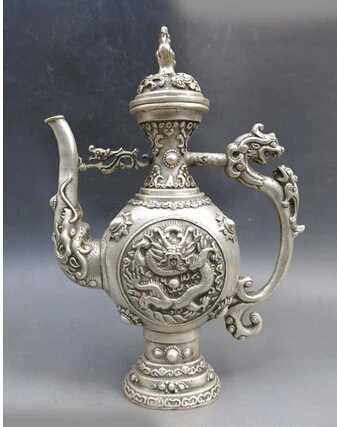 

decoration Tibet copper silver 9" China Silver carved Foo Dogs Lion Dragon wine pot sculpture flagon Statue