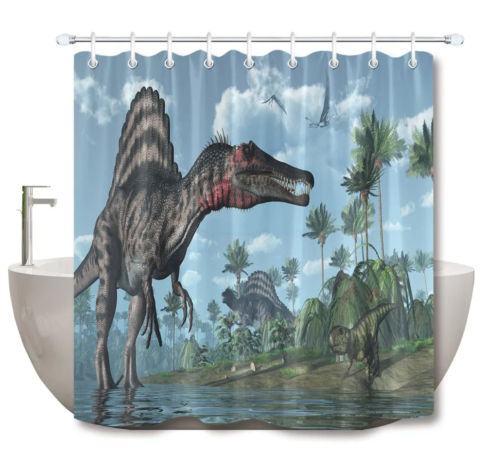 

72'' Prehistoric Scene With Dinosaurs In Water Bathroom Waterproof Fabric Shower Curtain Polyester 12 Hooks Bath Accessory Sets