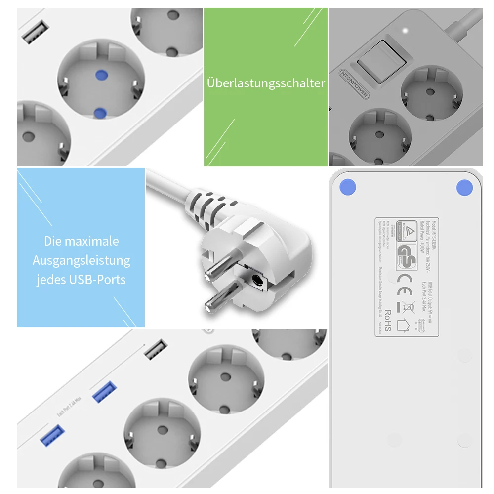 Nton Мощность MPS USB Расширители ЕС Plug Мощность Outlet 5 AC Стабилизатор напряжения Защита от перегрузки с 4 USB интеллектуальная подзарядка Порты