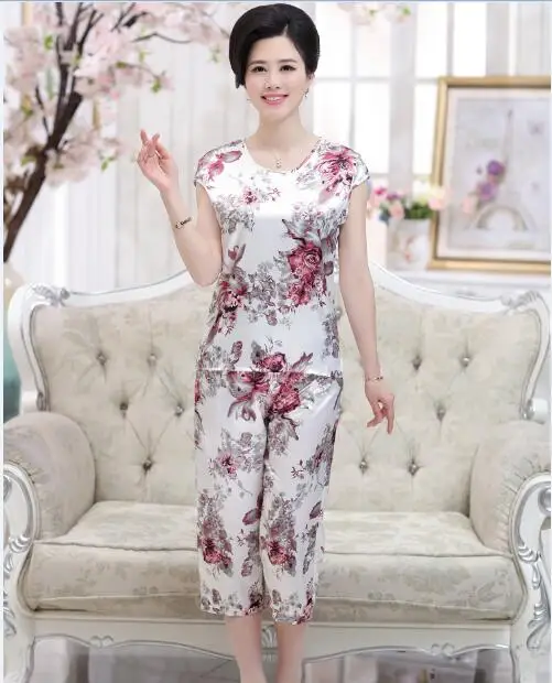 

Women Silk Suits Summer Floral Printed Two Pieces Satin Blouse Wiht Pants Female Calf-Lenght Trouser Sets