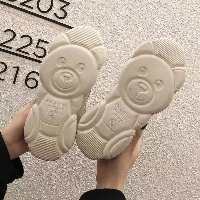 Новинка стильная женская спортивная обувь с медведем тонкие белые кроссовки на