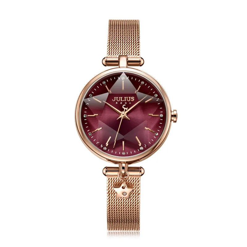 Rose Gold Red Юлий часы романтическая подвеска с пентаграммой Круглый Женский из нержавеющей стали высокого качества фиолетовый сверкающий циферблат подарочные часы JA-1145 - Цвет: Rose Gold Red