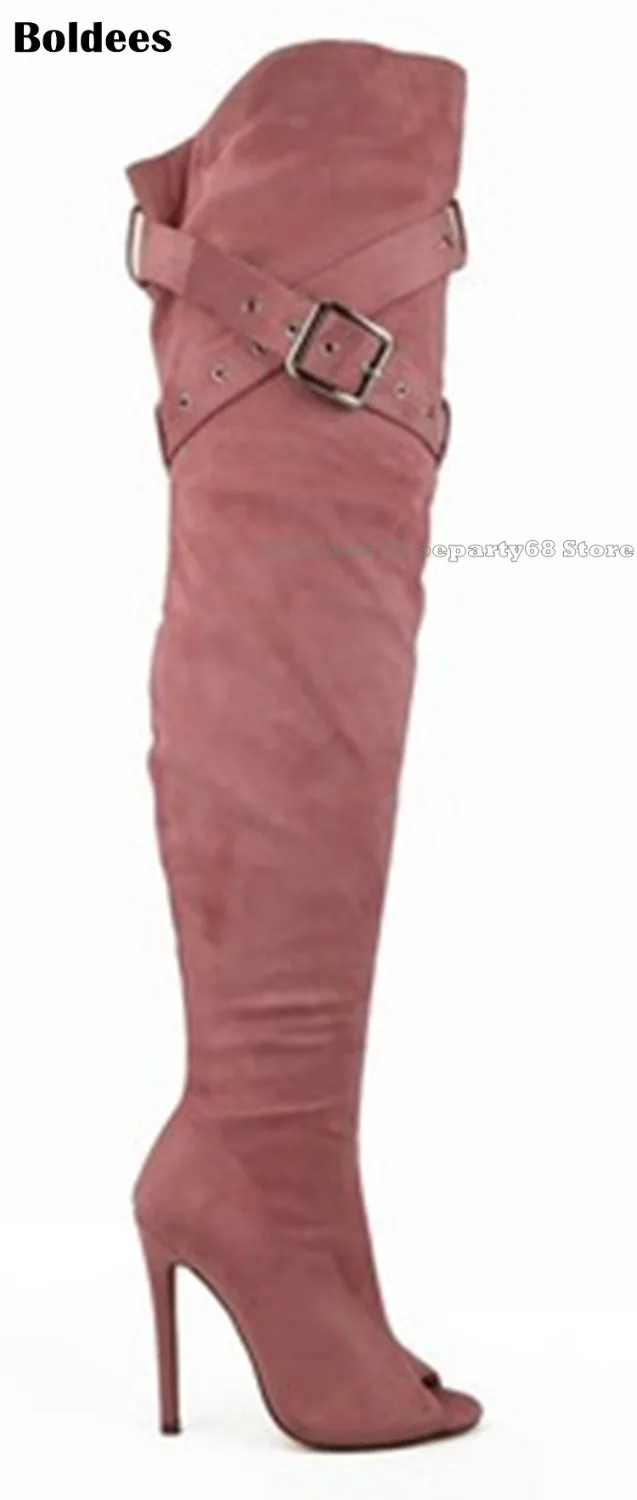 

Fashion Peep Toe Cross Tied Designer Over The Knee Boots Spring Fall Buckle Thigh High Long Boot