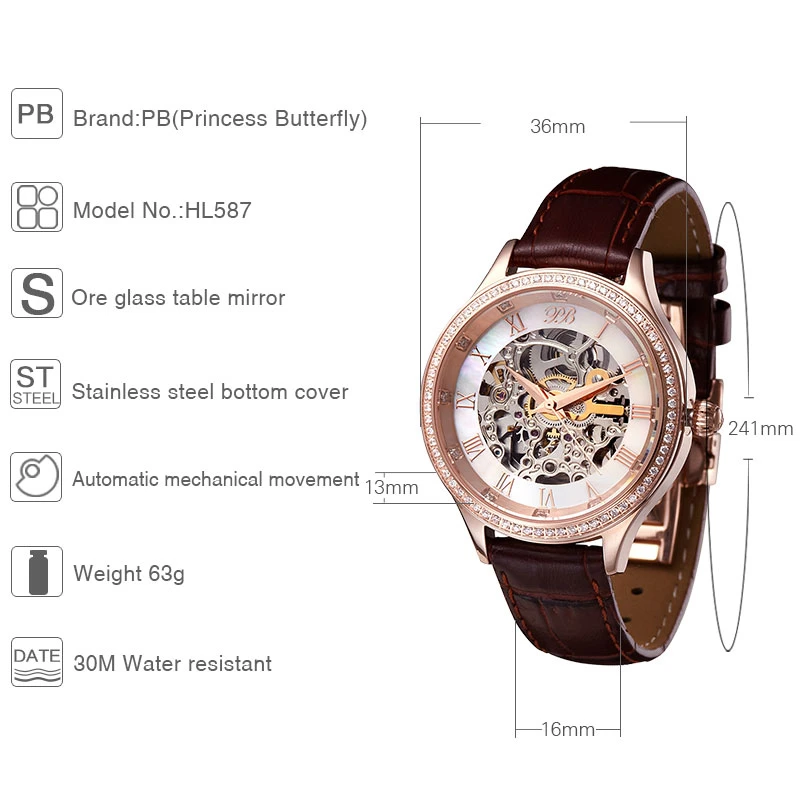 Princess Butterfly Watch автоматические часы женские наручные с римскими цифрами и бабочками, Кварцевые водонепроницаемые механические с кожаным циферблатом
