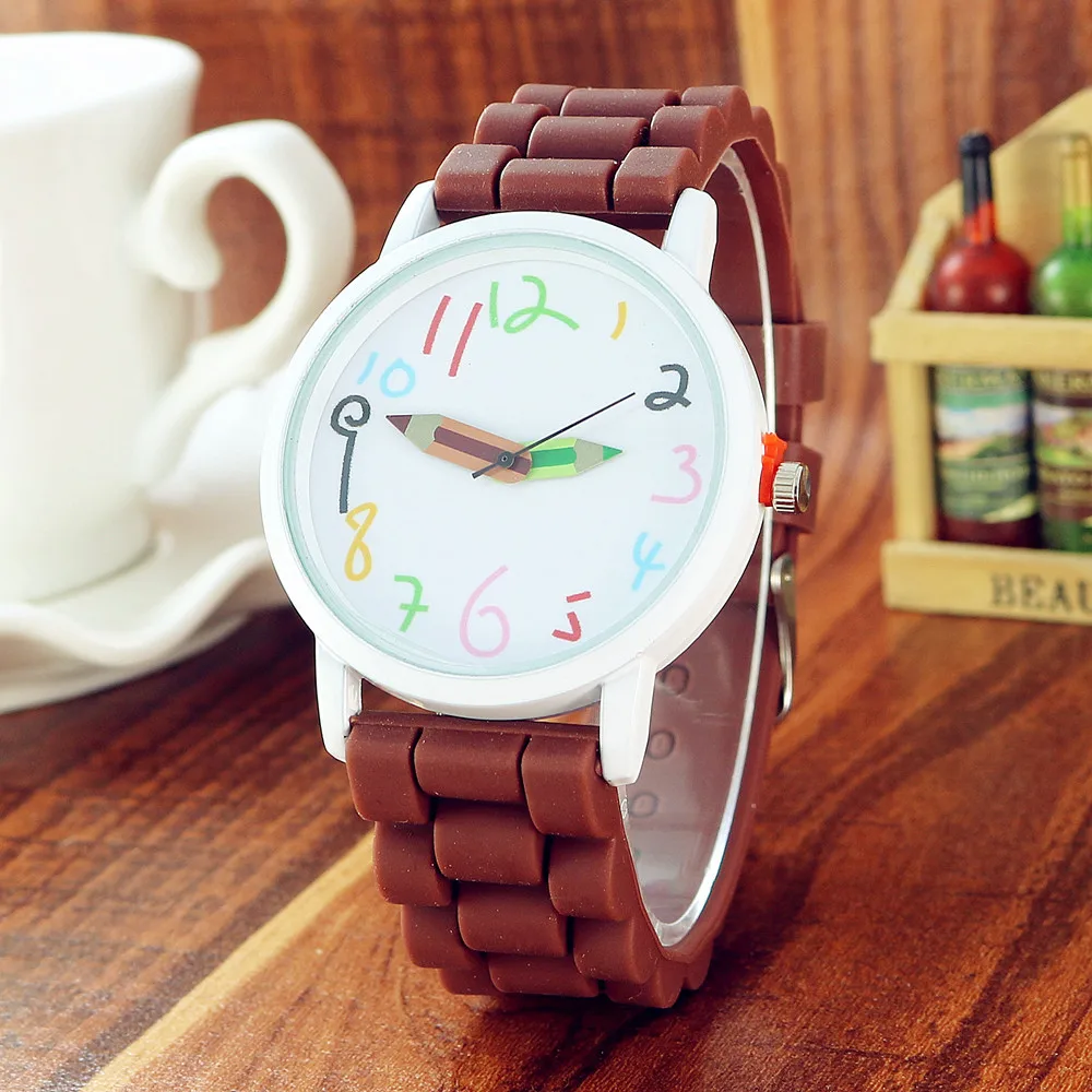 Silicone Candy Color Student Quartz Watch Girls Clock Fashion Pencil Pointer Wristwatches Children Cartoon Kids Gift Watches