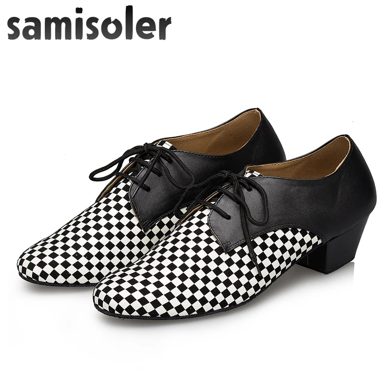 Мужские кожаные туфли для бальных танцев Samisoler черные белые на плоской подошве