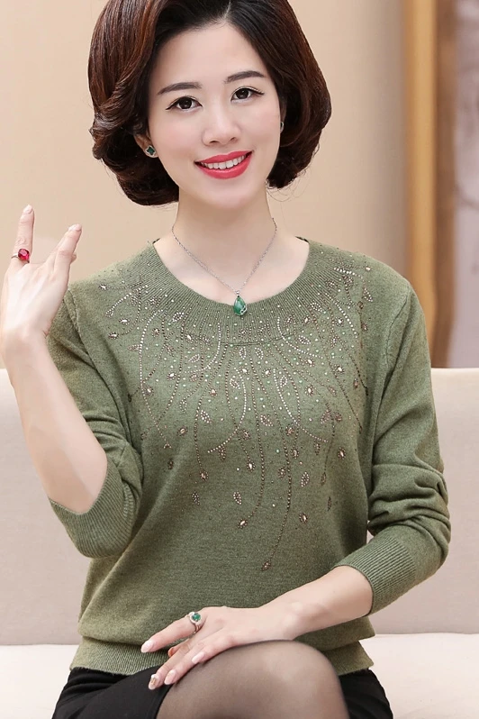 Middle-Aged Women Pullover Sweater Lace O-Neck Long-Sleeved Plus Size 40-50 Years Old Mother Knitted T322 | Женская одежда