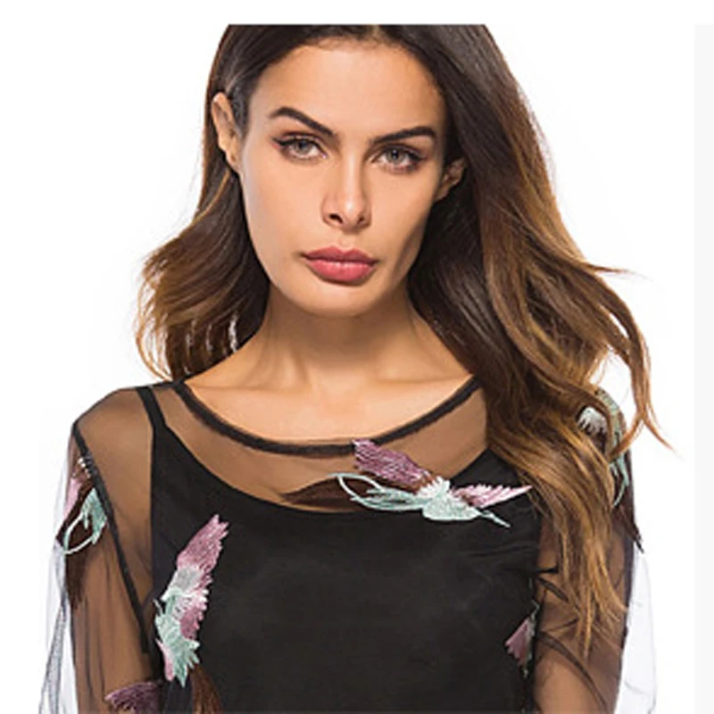 EdspLovd Embroidery Mesh Summer Dress Women Sexy Transarent Long Lining O neck lace Sleeve Plus Size DS307 | Женская одежда