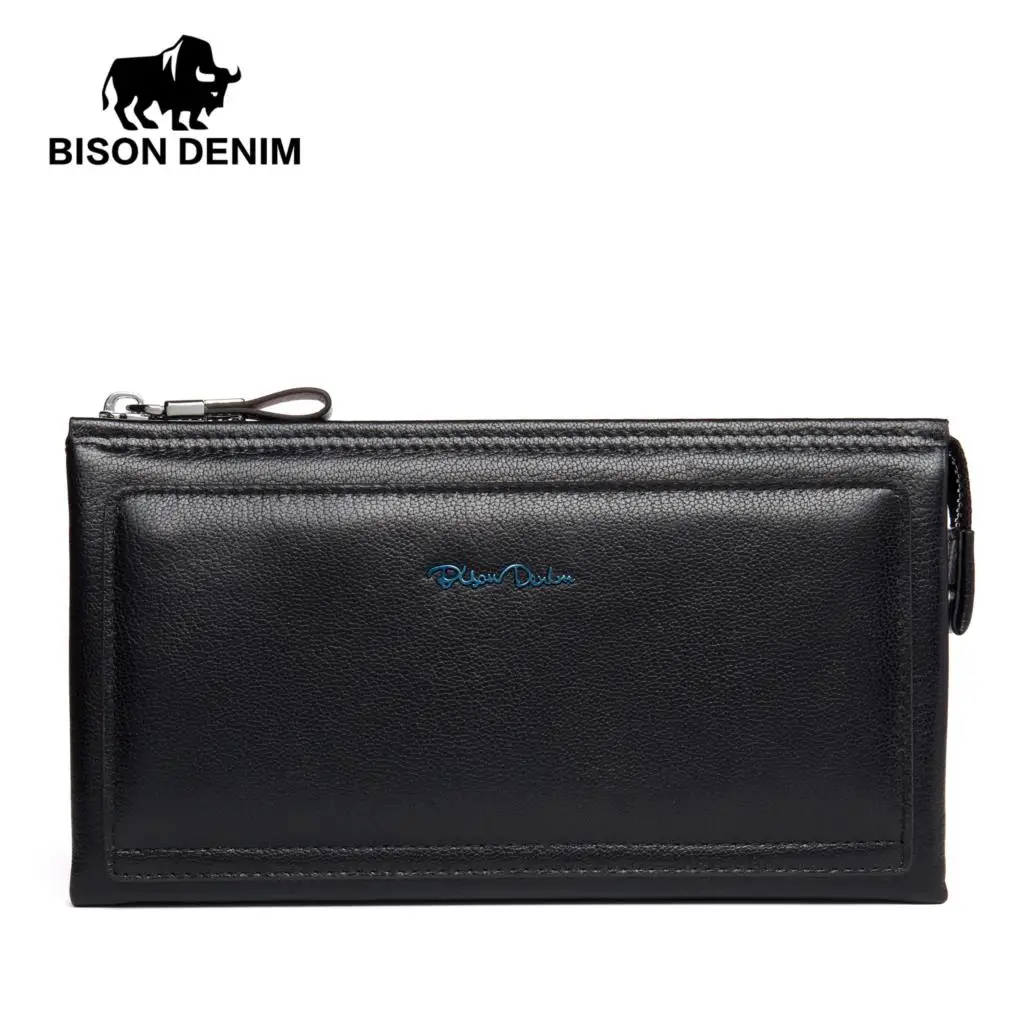 BISON DENIM, коровья кожа, Мужской Длинный кошелек, мягкий, люксовый бренд, мужской клатч, сумка, кошельки, натуральная кожа, Длинный кошелек для мужчин, N8165 - Цвет: Черный