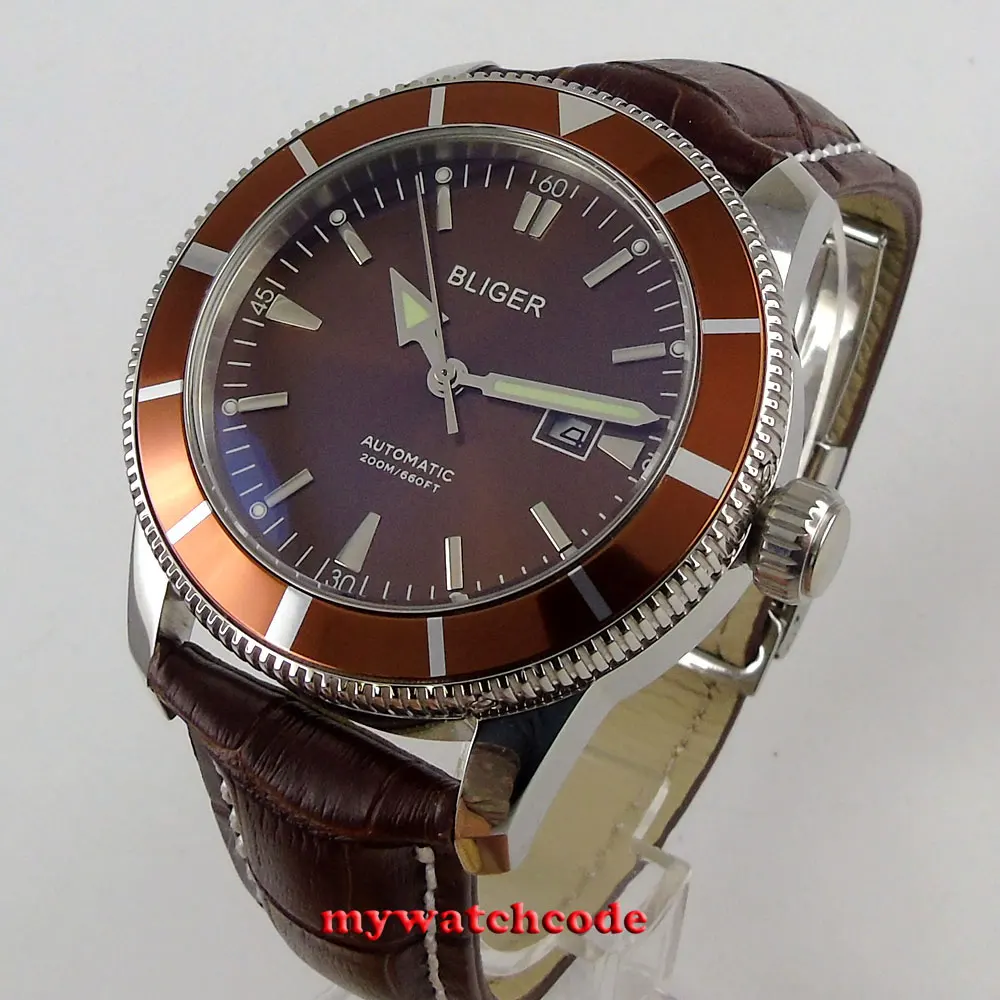 46mm Bliger Brown Dial Luminous Marks Leather Strap Date Window Automatic Mens Wrist Watch P97 | Наручные часы