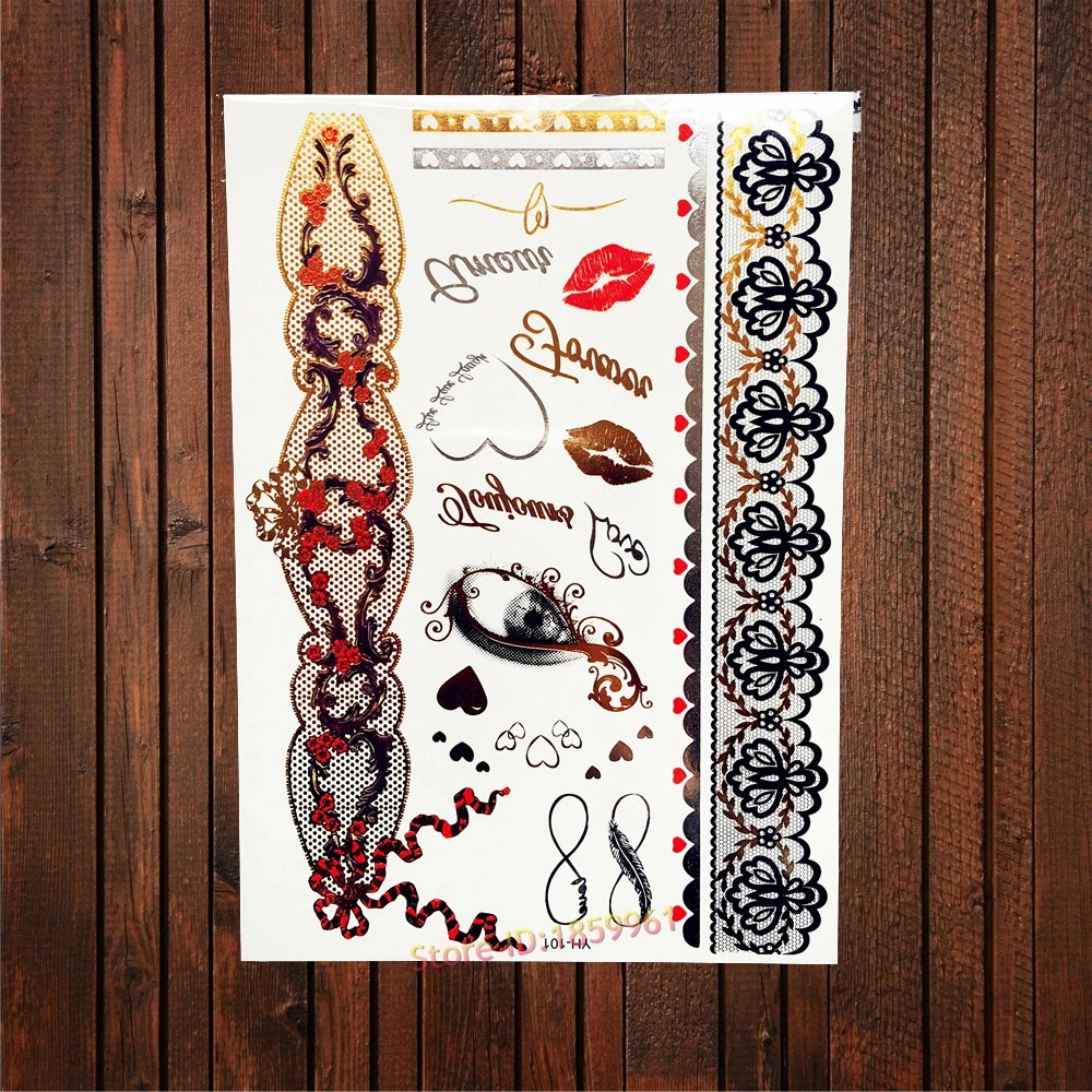 

Сексуальные кружевные ювелирные изделия дизайн тату золотой металлик красная губа Цветущий цветок татуировка на руку водостойкие временн...