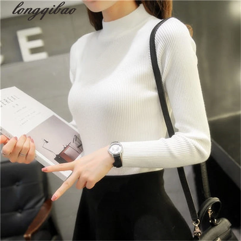 

Spring and autumn winter women's semi-high collar collar knit Slim solid color primer sweater