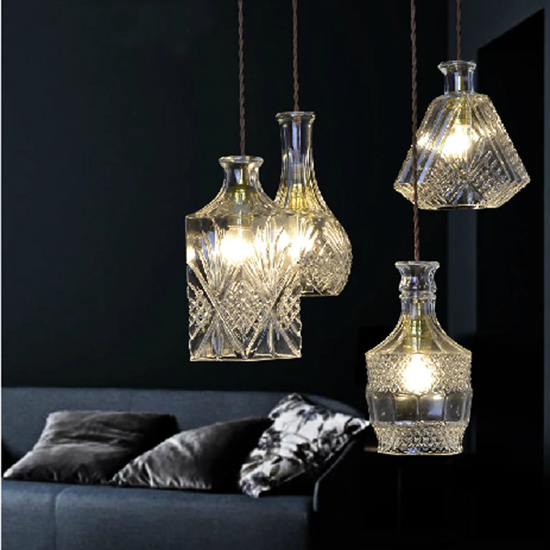 

LED Pendant Light Wine Bottle Lighting Nordic led Pendant Lamp Kitchen Retro Hanging Lamps Cord For Hanging Lights Glass Shade