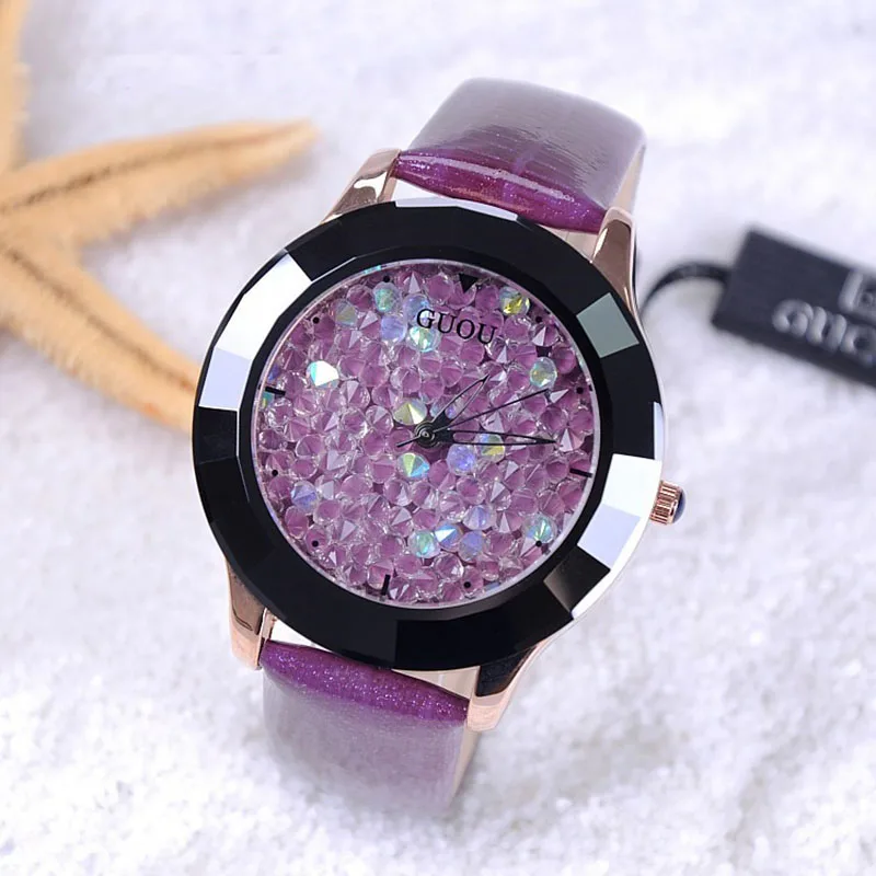 Женские часы с браслетом GUOU роскошные кожаным ремешком и стразами 2019 | Наручные