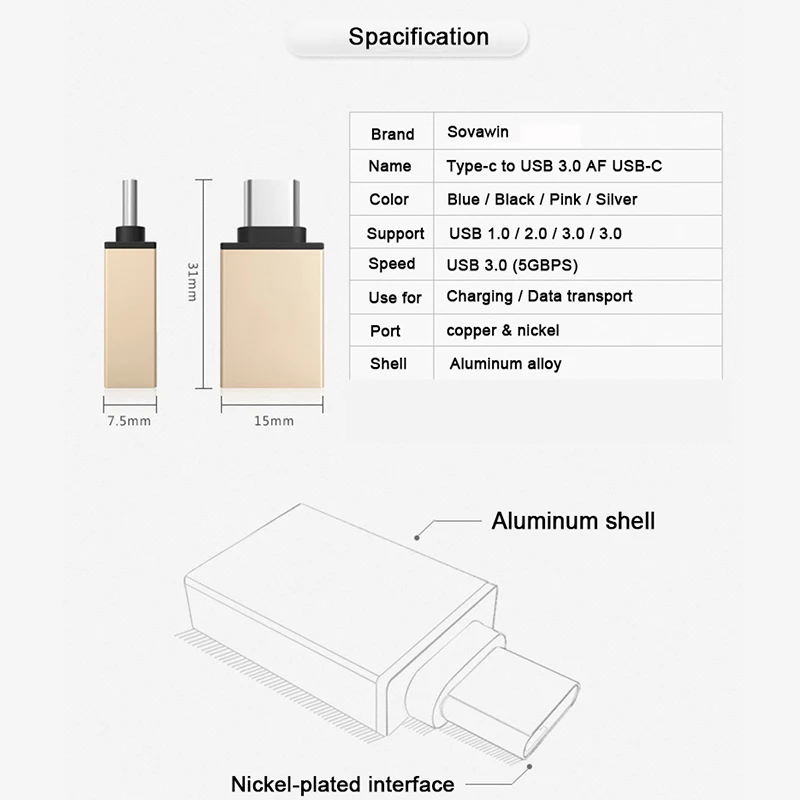 Sovawin type-C адаптер USB 3,1 папа-USB 3,0 мама USB OTG Зарядка данных тип-c конвертер для Macbook для телефона Xiaomi