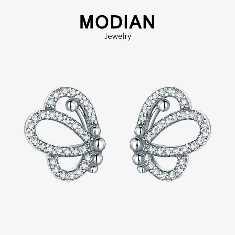 Modian очаровательные Винтажные серьги-гвоздики с бабочкой, 925 пробы, серебряные брендовые модные серьги-гвоздики с кристаллами для женщин, ювелирные изделия