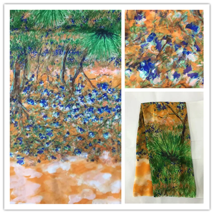 

140cm Thin 100%Pure Natural Mulberry Silk Chiffon Digital Printed Blue Fabric Material Textile Sew Women Dress Scarf Cloth DS05