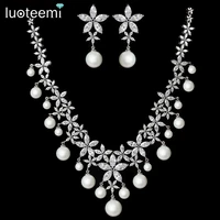 luoteemi sparkling imitation pearl pendants jewelry earrings necklace sets clear white gold color for women dinner wedding party
