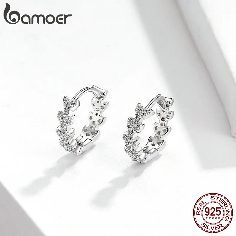 Bamoer, ослепительные серьги-кольца для женщин, кубический цирконий, лист, круглые серьги-обручи, 925 пробы, серебро, модное ювелирное изделие, BSE150