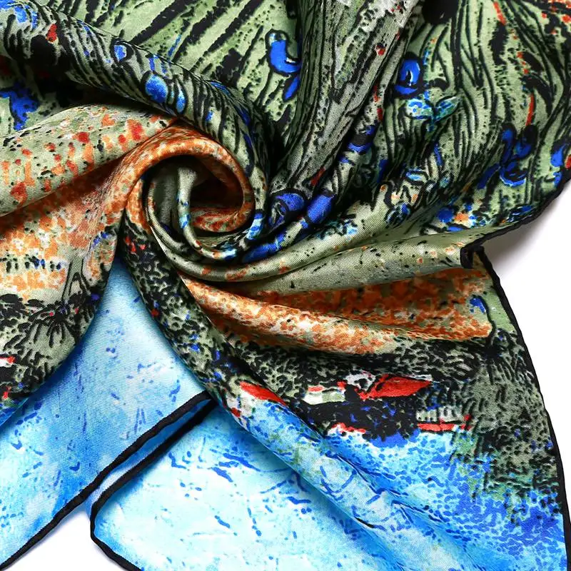 

52x52cm Oil Painting Pure Silk Scarf Women Ladies 100% Silk Twill Scarves Wraps Necktie Fashion Accessories