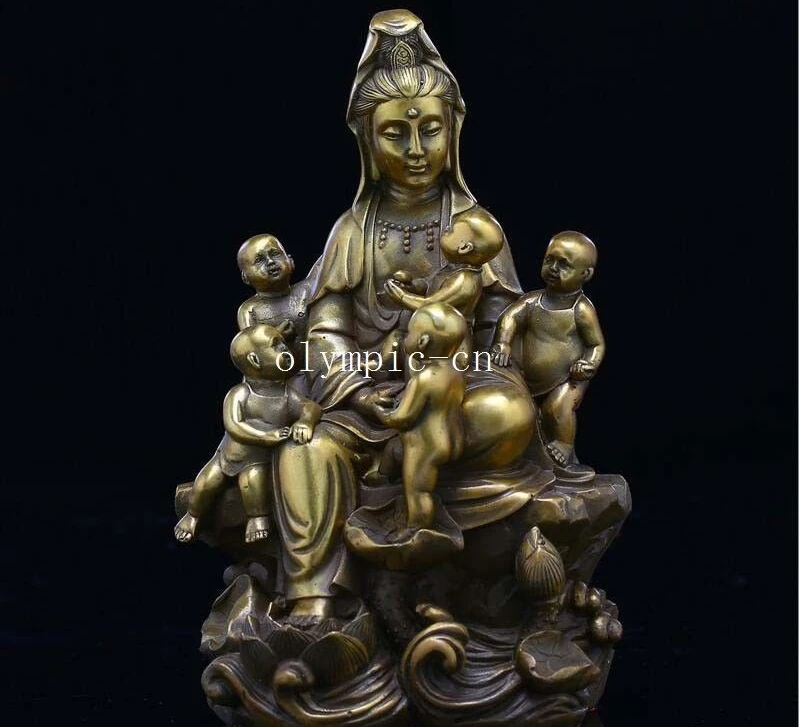 

8'' brass carved Lotus boys five child worship Guanyin Avalokitesvara kwan-yin