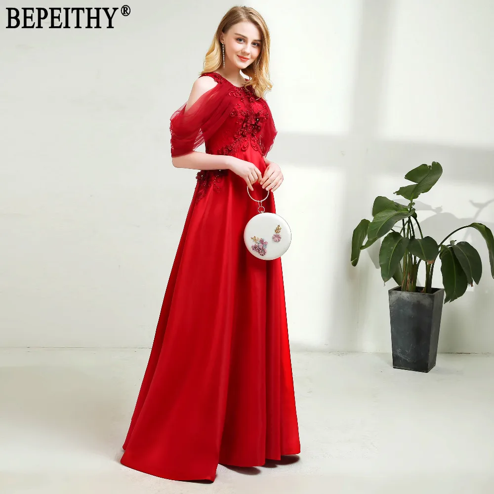 BEPEITHY Новое поступление, дизайнерское платье vestido de festa с круглым вырезом и бусинами, платье с кружевными аппликациями по всей длине, красные вечерние платья