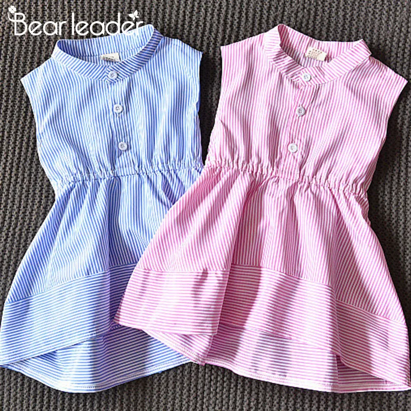 Bear Leader Girls Clothes 2020 New Summer Dresses Preppy Style Sleeveless Asymmetry Striped Dress Bow Princess 3-7Y | Детская одежда и