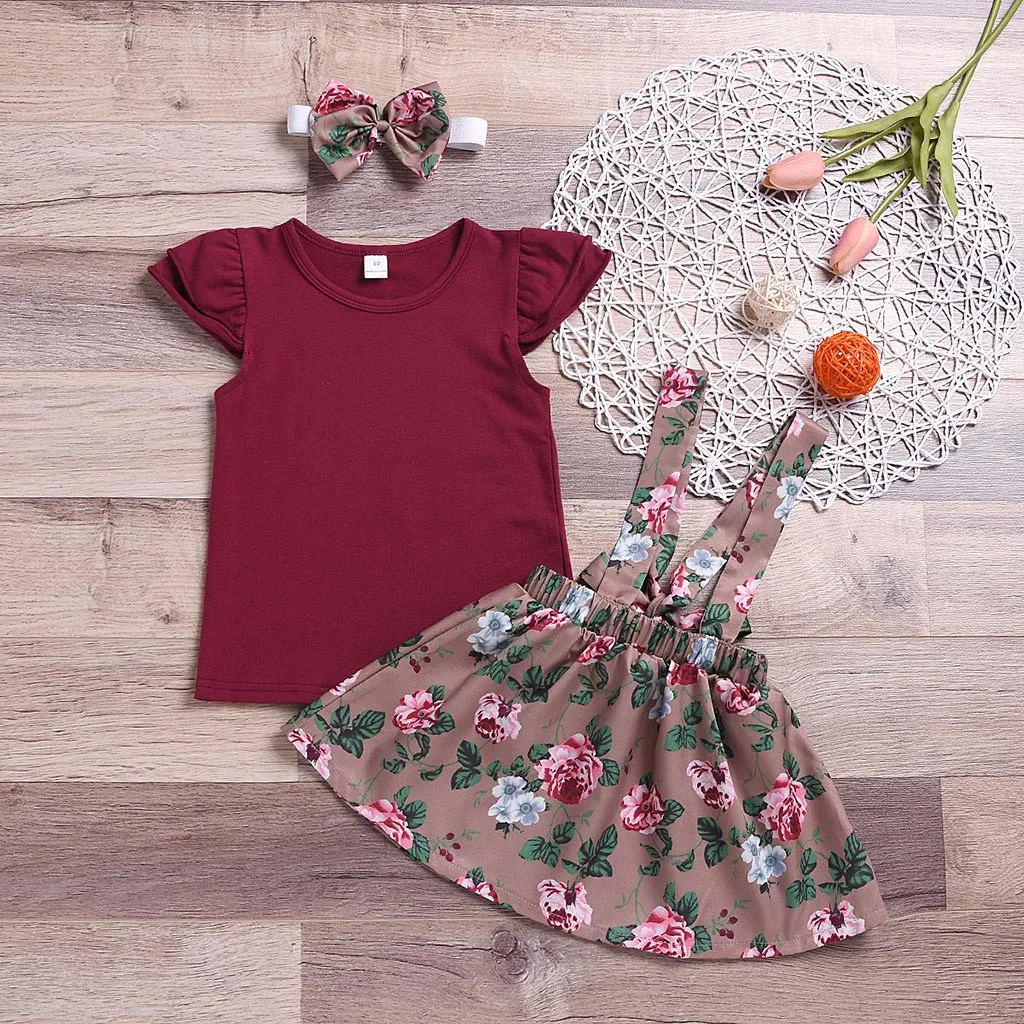 Комплекты одежды для маленьких девочек однотонные Топы + комбинезоны с цветочным