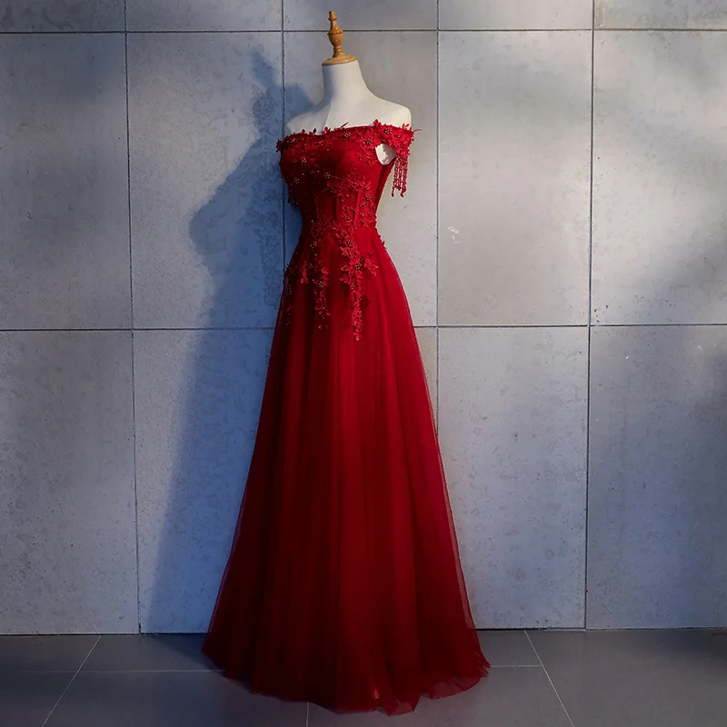 Красивое платье с эффектом памяти вырезом лодочкой винно-Красное длинное для