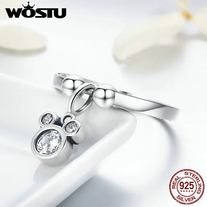 WOSTU Настоящее серебро 925 пробы милое ослепительное кольцо на палец с мышкой и