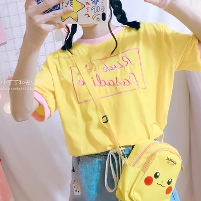 yellow Женская модная футболка Корея ulzzang Harajuku стиль Японский дикий сладкий мягкий сестра Луна вышивка цвет соответствующие рубашка для студента - Цвет: yellow