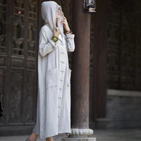 spring summer cotton and linen original chinese style hooded solid color women long jackets outwear
