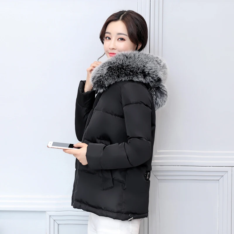 2019 Женское зимнее короткое пальто с капюшоном меховым воротником теплая Куртка