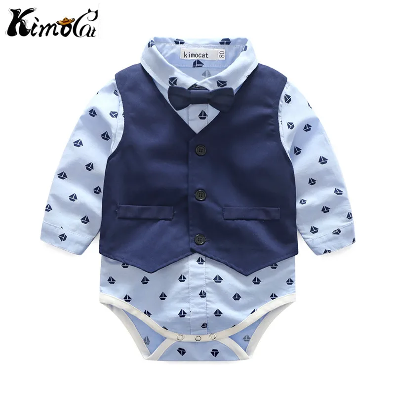Kimocat new High quality autumn and winter gentleman long-sleeved bow tie casual trousers suit 3pcs(Jumpsuit + vest pants) |