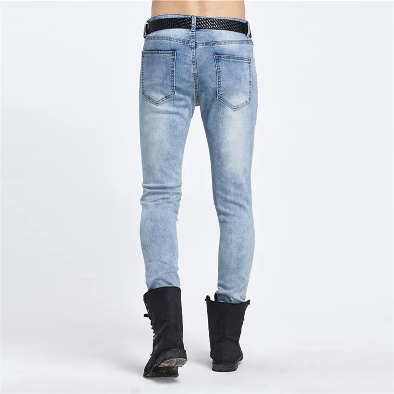 Синие рваные с отверстиями Узкие Брюки Slim Fit уничтожено джинсы для мужчин |