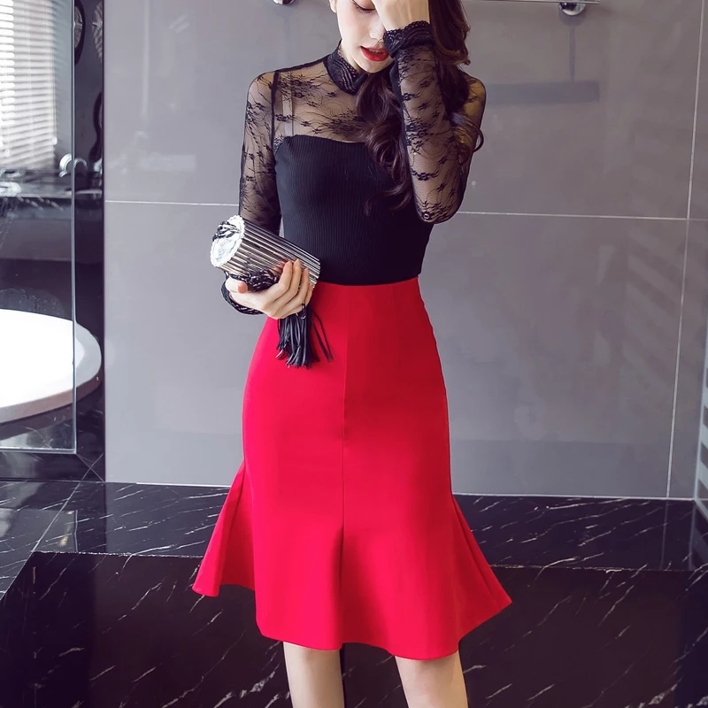 High Waist Skirts New Hot Selling Fashion Women Korean Style Slim Fit A Line Black Red Office Lady Formal Work Wear Skirt 2409 | Женская