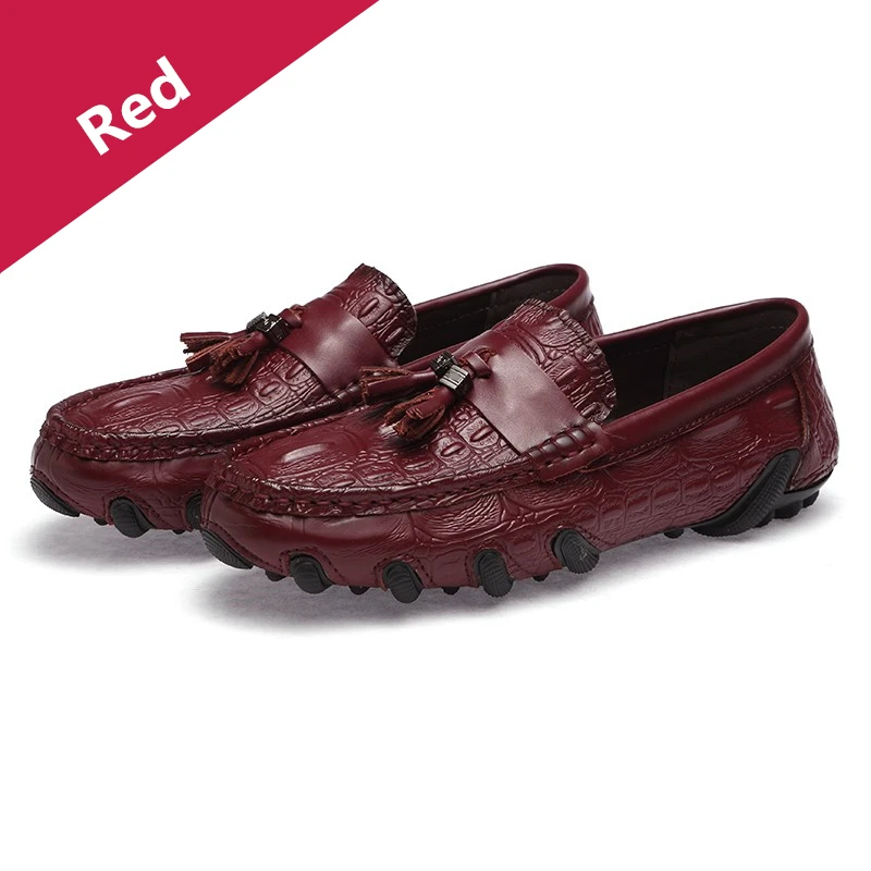 Tassel Red 069 Misalwa/мужские кожаные лоферы; мужские мокасины без застежки с кисточками и пряжкой; слипоны на плоской подошве в стиле крокодиловой кожи; большие размеры 38-47; Прямая поставка - Цвет: Tassel Red 069