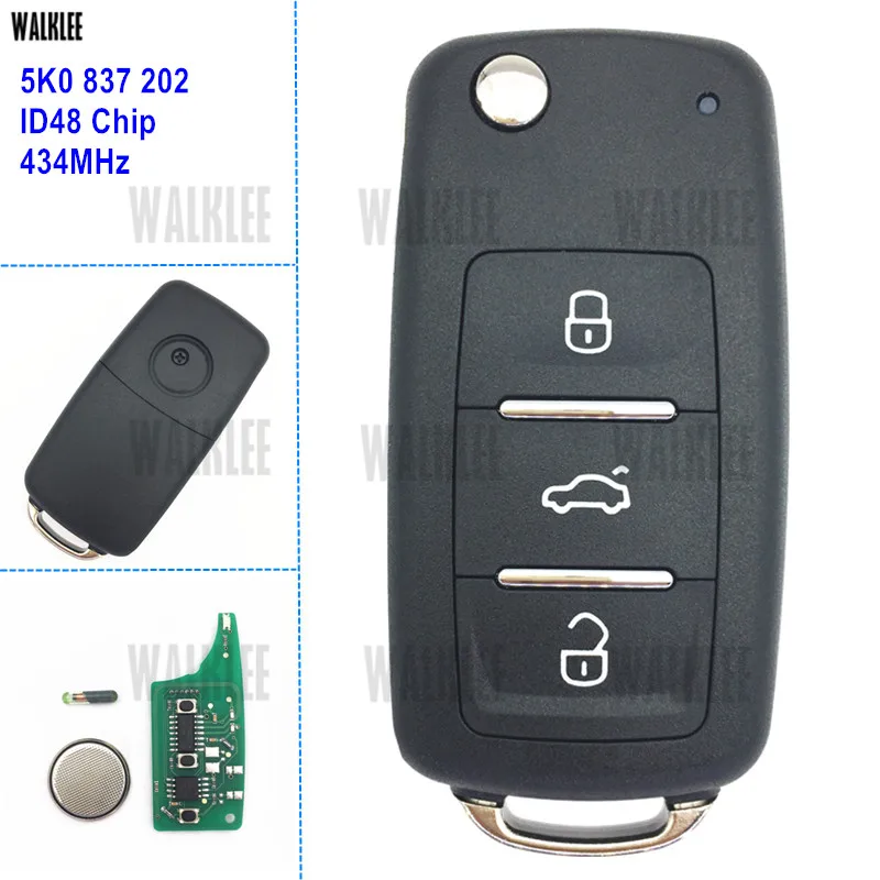Дистанционный ключ DWALKLEE 434 МГц для VW/VOLKSWAGEN 5K0837202 5K0 837 202 Beetle Caddy Golf Jetta Polo Tiguan Touran ID48