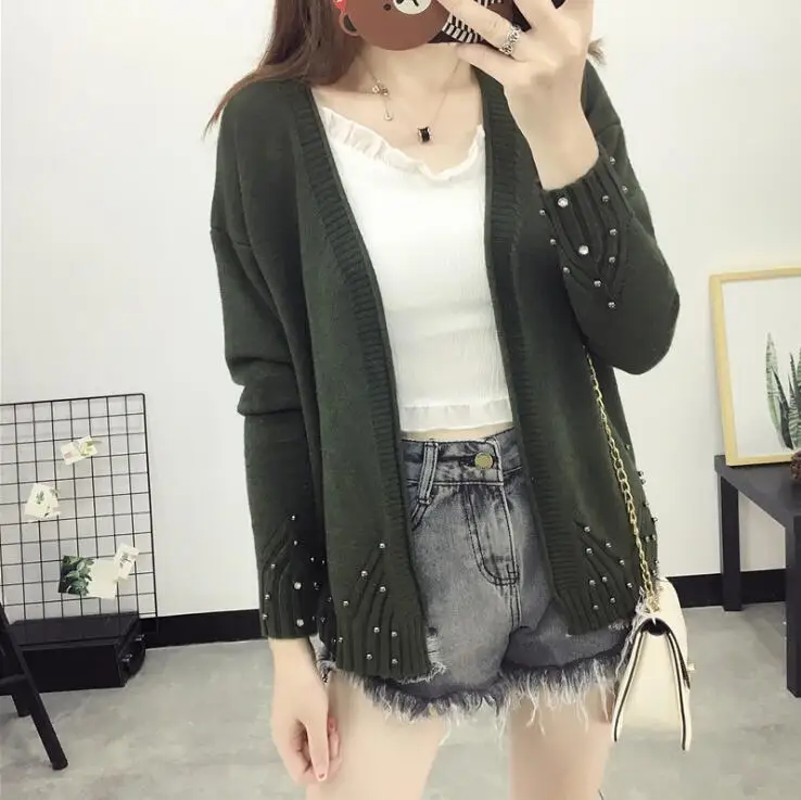 New Women Spring Autumn Sweater 2018 Cardigan Korean Slim Knit Outwear Coat Winter V Neck With Beading |