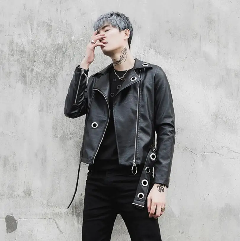 

New 2017 Men's slim fashion dj costume slim trend personality short locomotive leather jacket clothing singer costumes