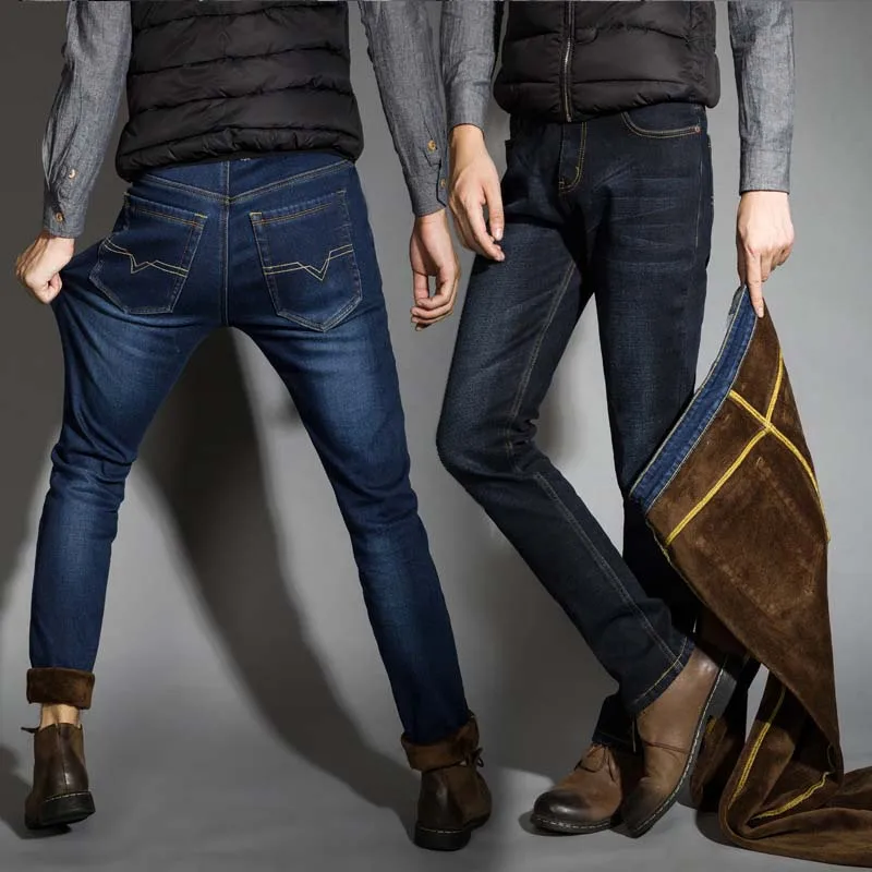 Plus Velvet Thermal Male Jeans Winter Thickening Mens Clothing Black Long Trousers Business Man Denim Fleece | Мужская одежда