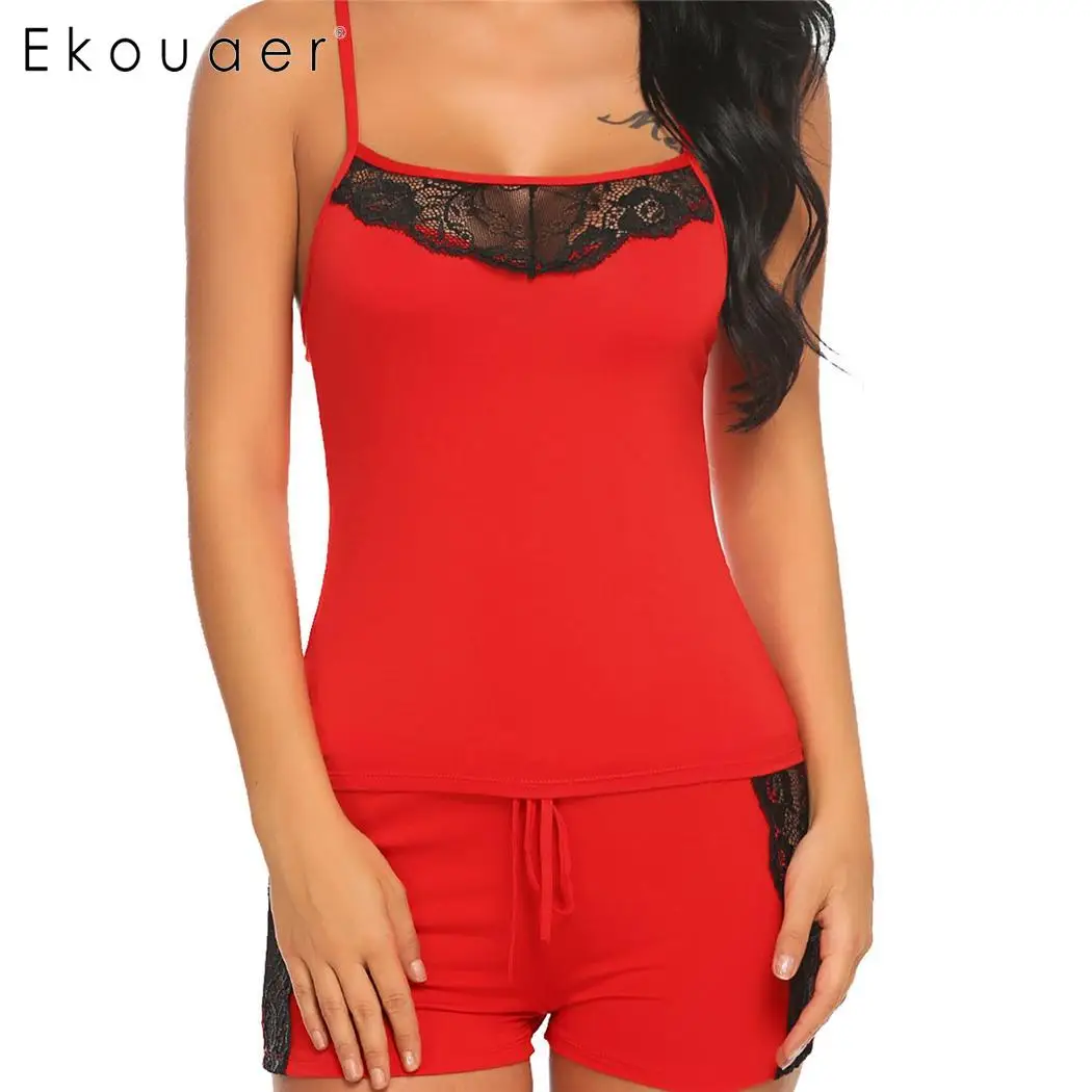 Red Ekouaer, женское нижнее белье, пижамный комплект, кружевной топ на бретельках и шорты с эластичной талией, пижама, комплект одежды для сна, женский сексуальный летний пижамный комплект - Цвет: Red