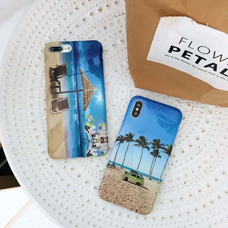 Boucho модные пляжные пейзажа задняя крышка для iPhone 6 S 7 8 Plus Glossy анти-knock Обложка