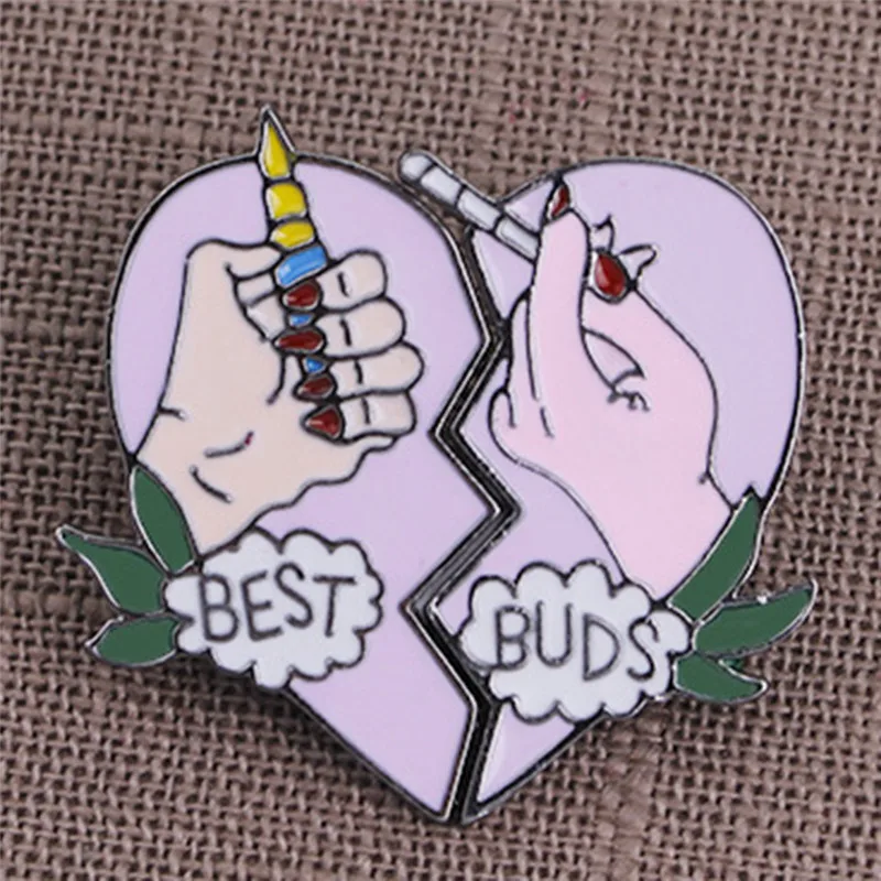 2Pcs BEST BUDS Purple Pink Enamel Pins Buckle Bag Collar Lapel Pin Jewelry Gift Broken Heart 2 Hands Brooch | Украшения и